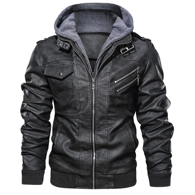 Spring, Autumn And Winter New Leather Jacket Men's Hooded Leather Jacket Youth Men's Jacket 3080