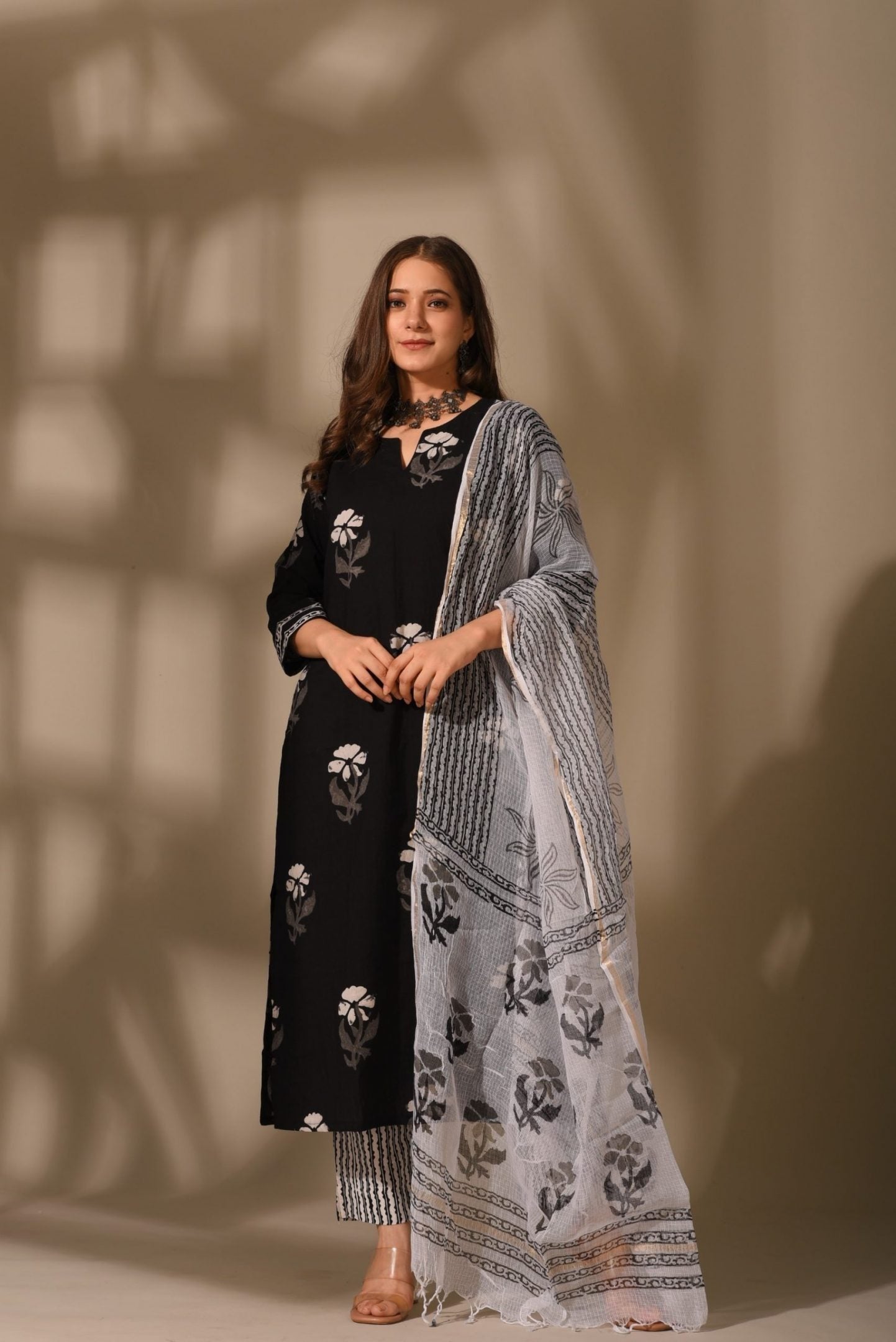 Black Cotton Women Kurta set With Dupatta Dropshipera