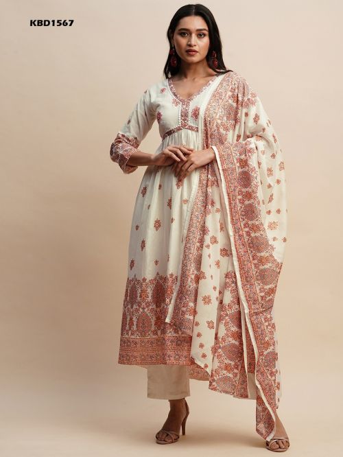 off white with coral designs cotton kurti pant with dupatta Dropshipera