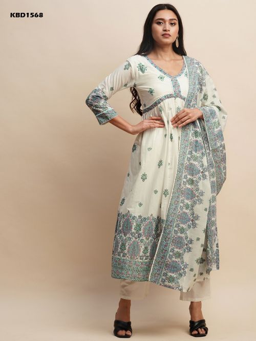 off white With green designs cotton kurti pant with dupatta Dropshipera