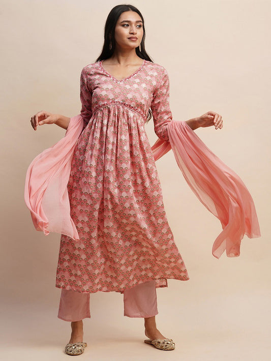 Peach colour Printed cotton kurti pant with dupatta Dropshipera