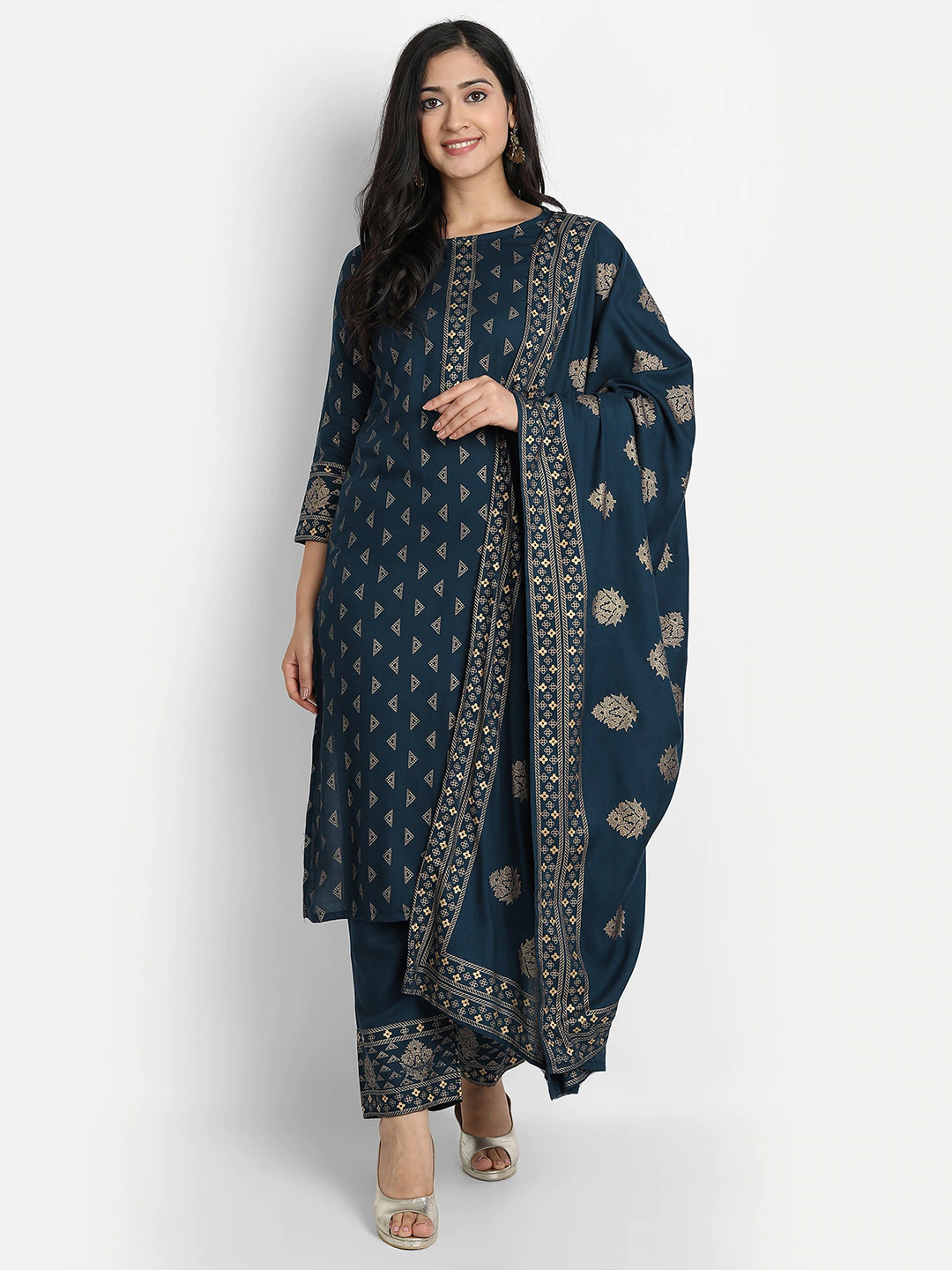 Neavy Blue & Golden Printed Fancy Kurti With Bottom & Dupatta set Dropshipera