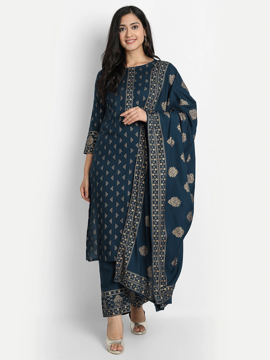 Neavy Blue & Golden Printed Fancy Kurti With Bottom & Dupatta set Dropshipera