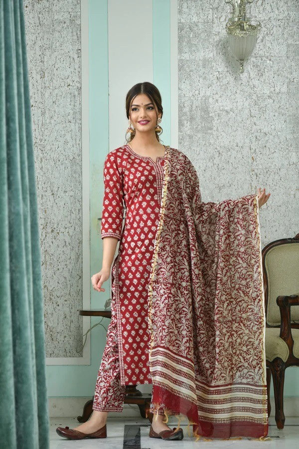 Red & Cream Printed Fancy Kurti With Bottom & White Dupatta set Dropshipera