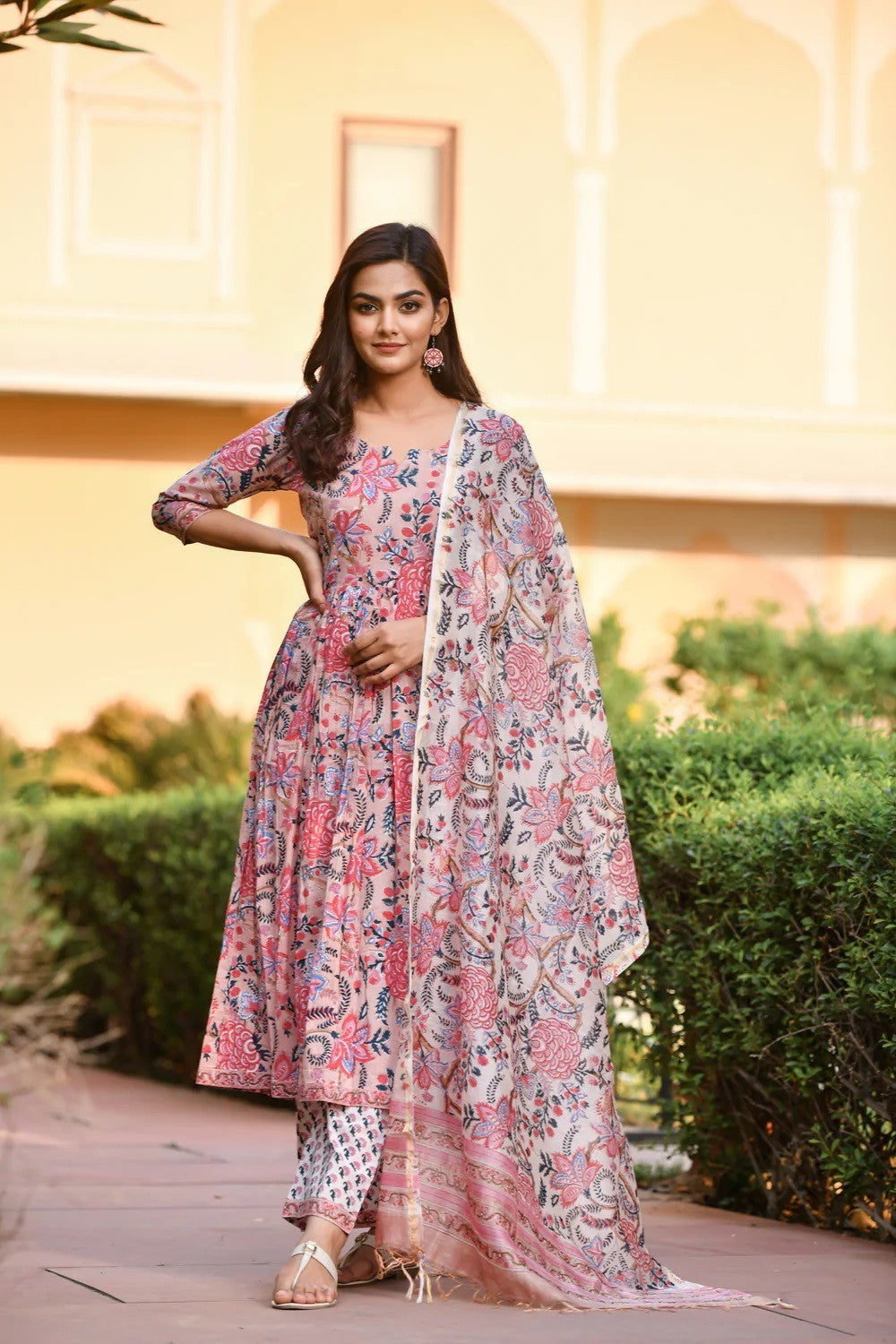 Peach & Baby Pink Printed Fancy Kurti With Bottom Dupatta set Dropshipera