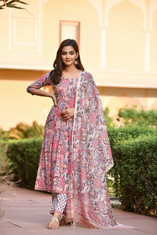 Peach & Baby Pink Printed Fancy Kurti With Bottom Dupatta set Dropshipera