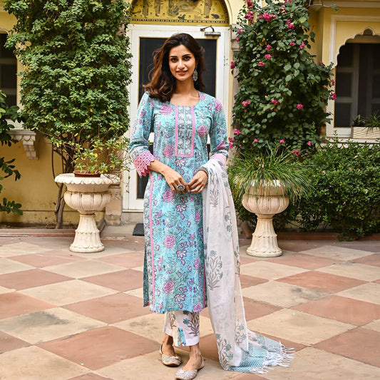 Pink & Sky Blue Fancy Kurti With Bottom Dupatta set Dropshipera
