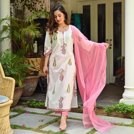 Pink & White Regular wear Kurti With Bottom Dupatta set Dropshipera