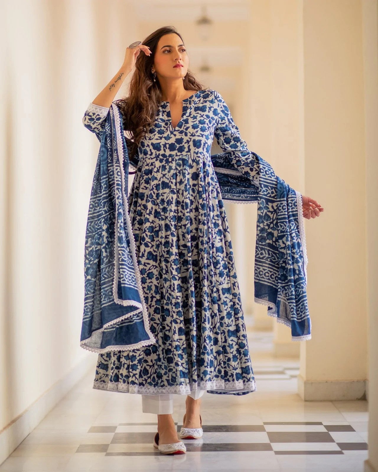Royal Blue & White Fancy wear Kurti With Bottom Dupatta set Dropshipera