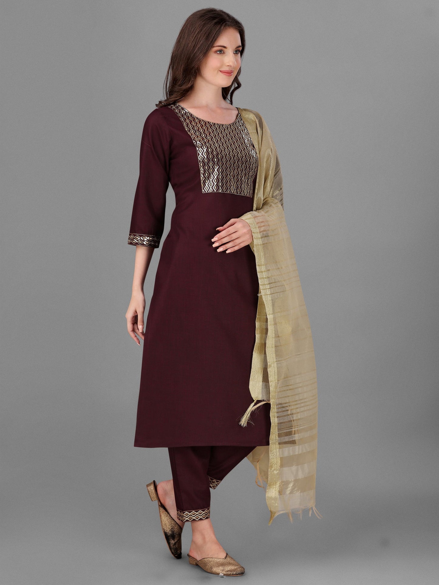 Womens Maroon Colour Cotton Kurta Pant With Dupatta Set Dropshipera