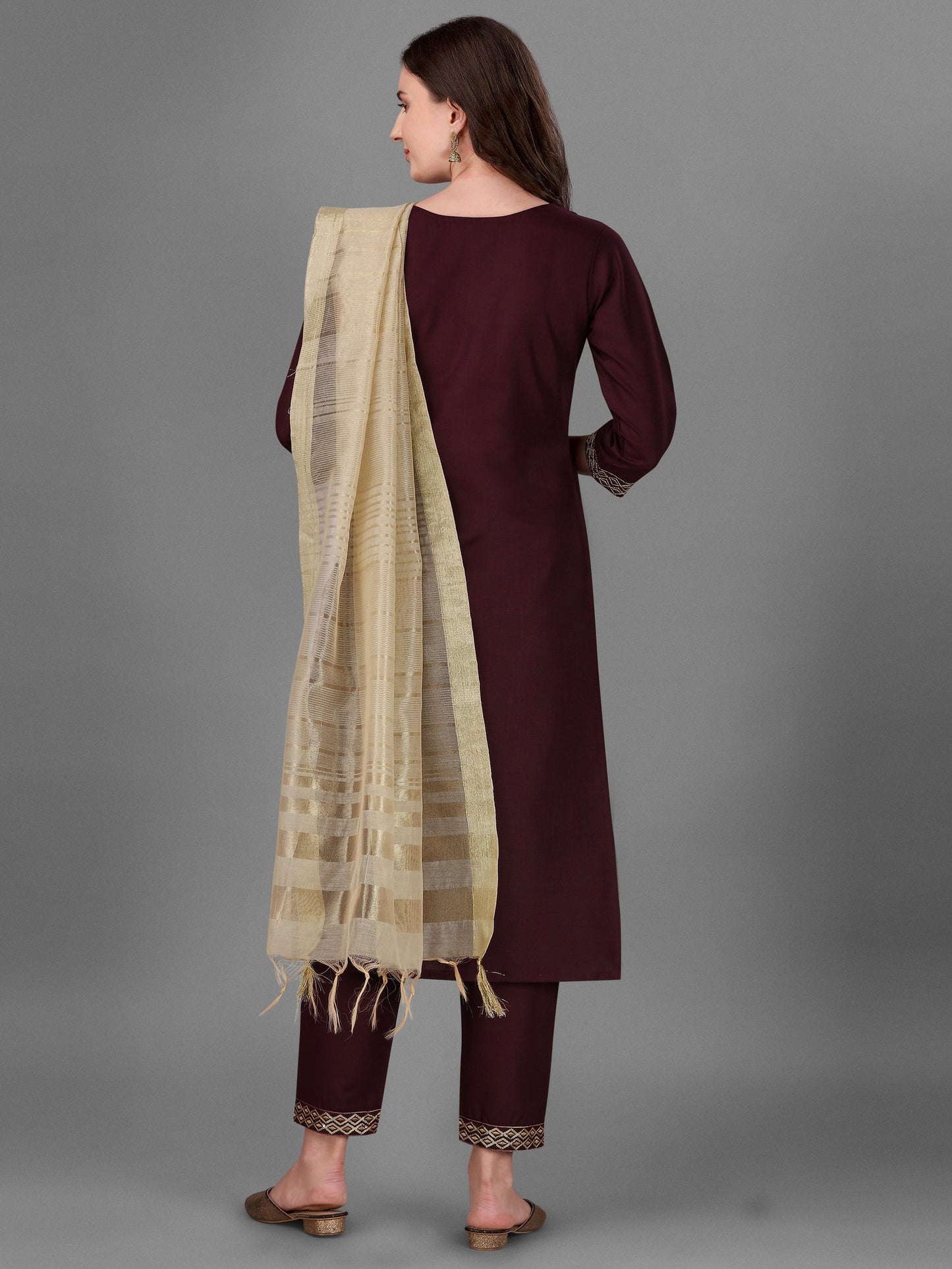 Womens Maroon Colour Cotton Kurta Pant With Dupatta Set Dropshipera