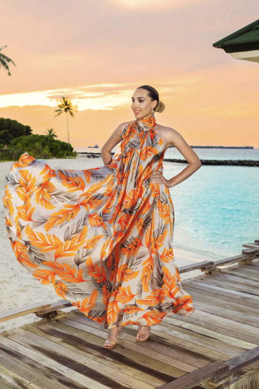 Orange Premium Persian Silk Printed Beach Party Outfit Dropshipera