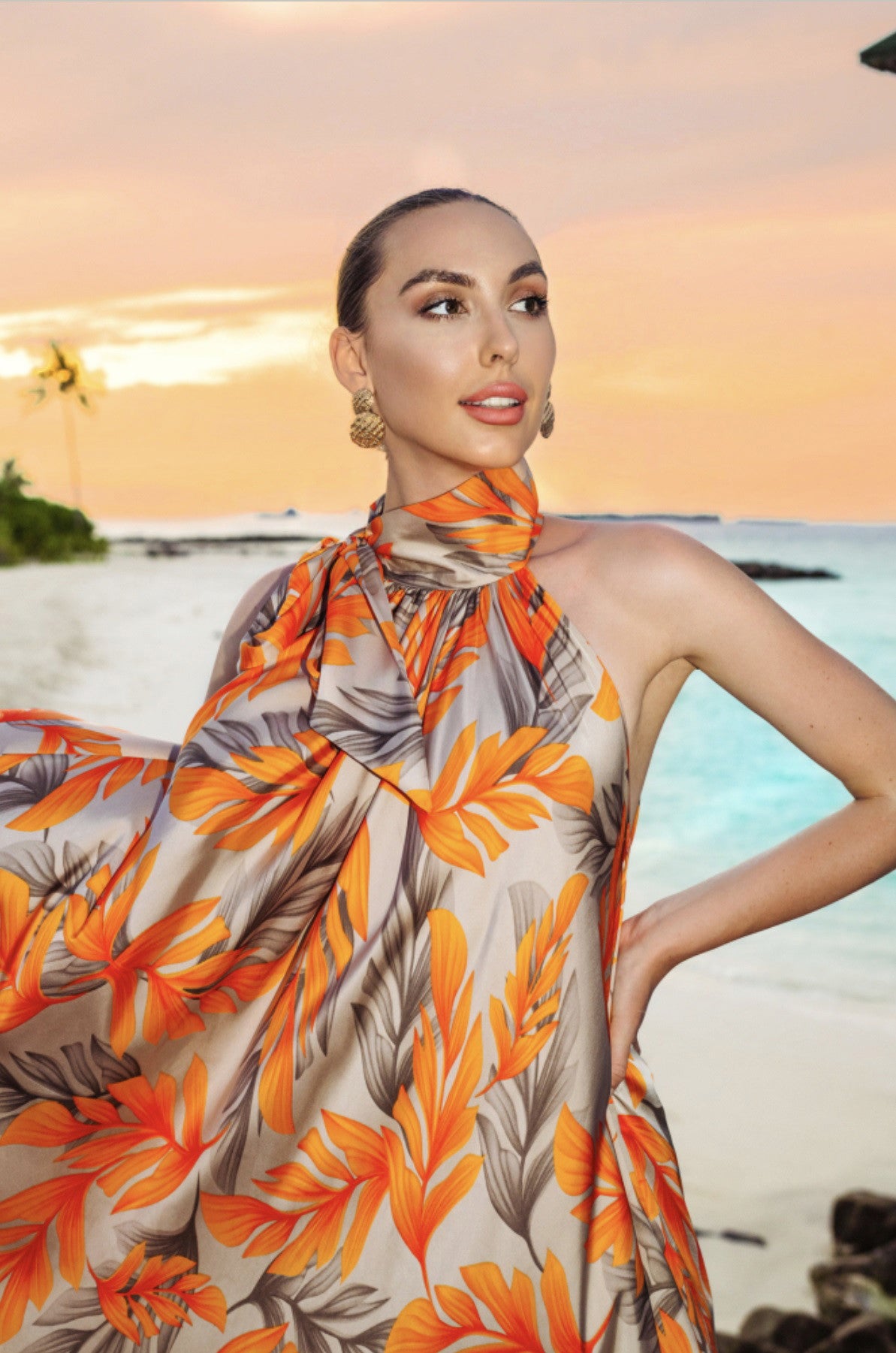 Orange Premium Persian Silk Printed Beach Party Outfit Dropshipera