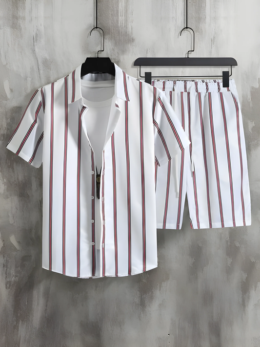 Maroon Striped Printed White Men's Shirt And Shorts Set Short Sleeve Dropshipera