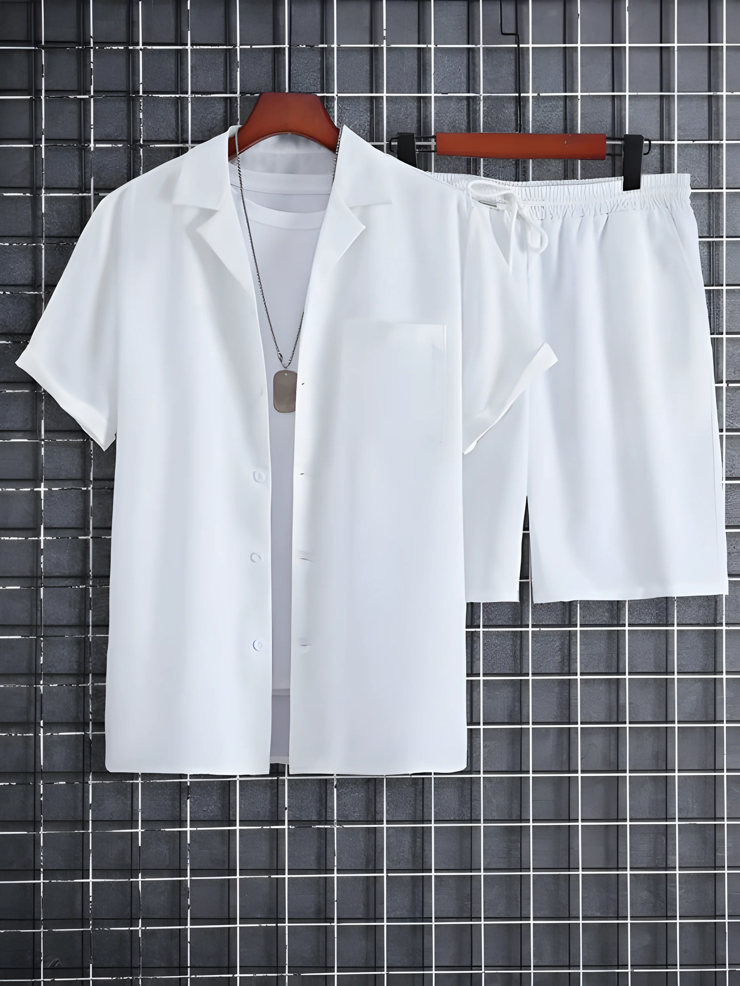 White Colour Men's Shirt And Shorts Set Short Sleeve Dropshipera