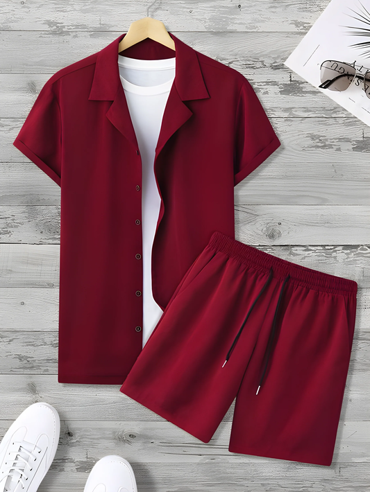 Maroon Colour Men's Shirt And Shorts Set Short Sleeve Dropshipera