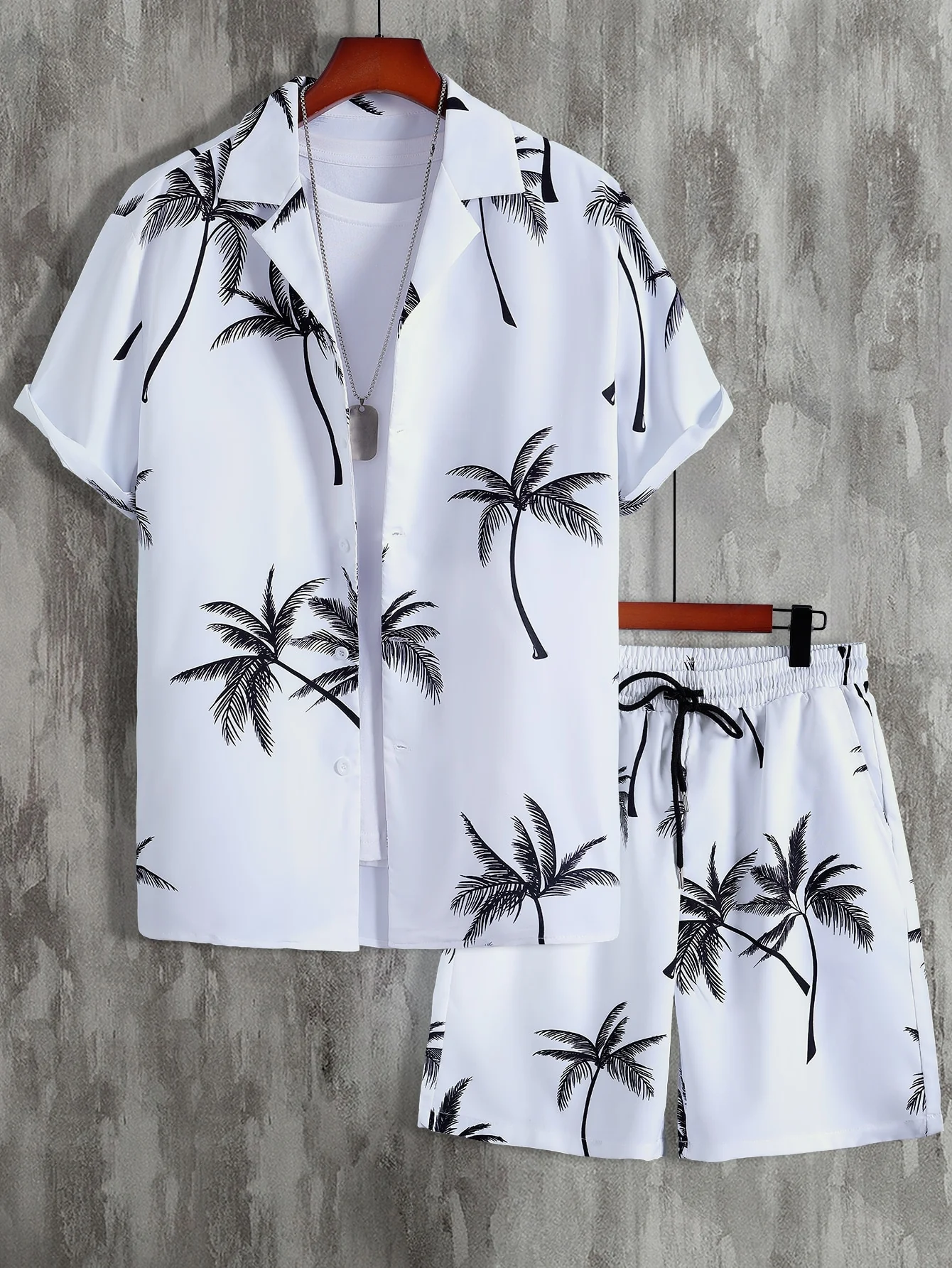Palm Tree Print Men's Shirt And Shorts Set Short Sleeve Dropshipera