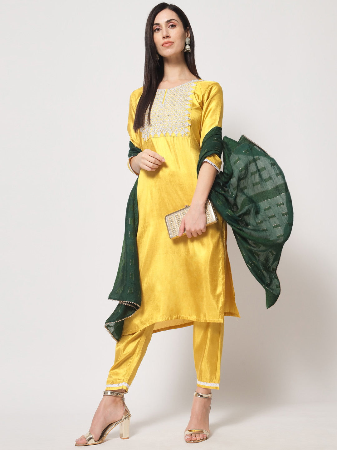 Lemon Colour South Silk Embroidery Work Casual Wear Kurta Pant Dupatta Set For Women's Dropshipera