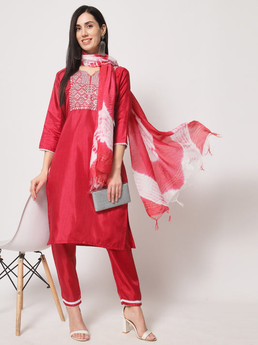 Pink Colour South Silk Embroidery Work Casual Wear Kurta Pant Dupatta Set For Women's Dropshipera