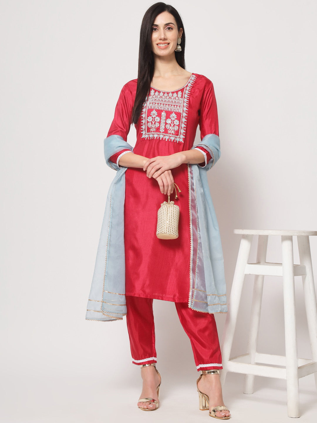 Pink Sky Colour South Silk Embroidery Work Casual Wear Kurta Pant Dupatta Set For Women's Dropshipera
