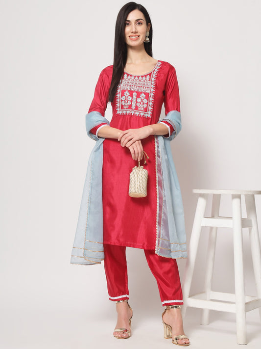 Pink Sky Colour South Silk Embroidery Work Casual Wear Kurta Pant Dupatta Set For Women's Dropshipera