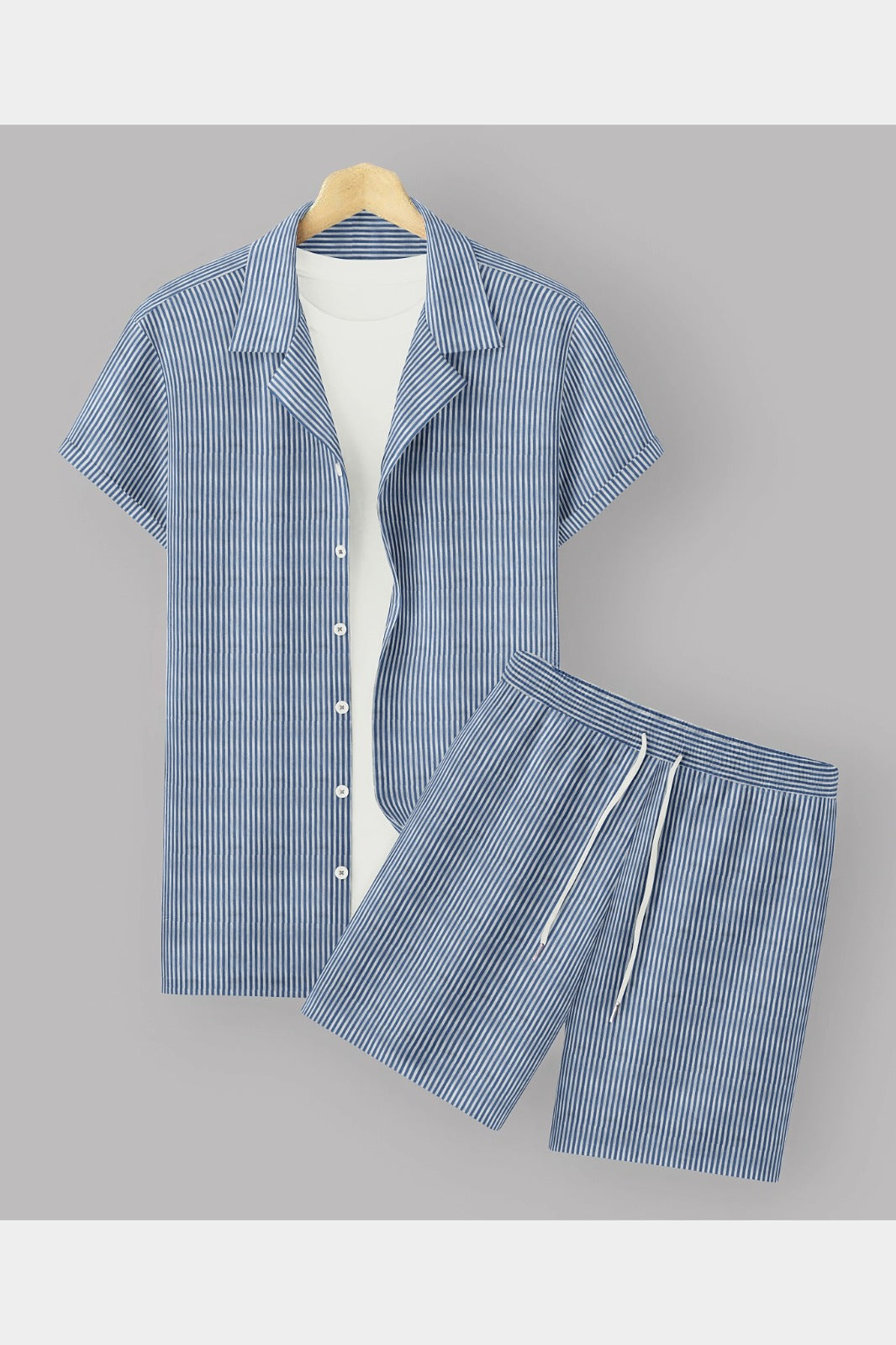 Sky Blue Colour Men's Cotton Shirt And Shorts Set Short Sleeve Dropshipera