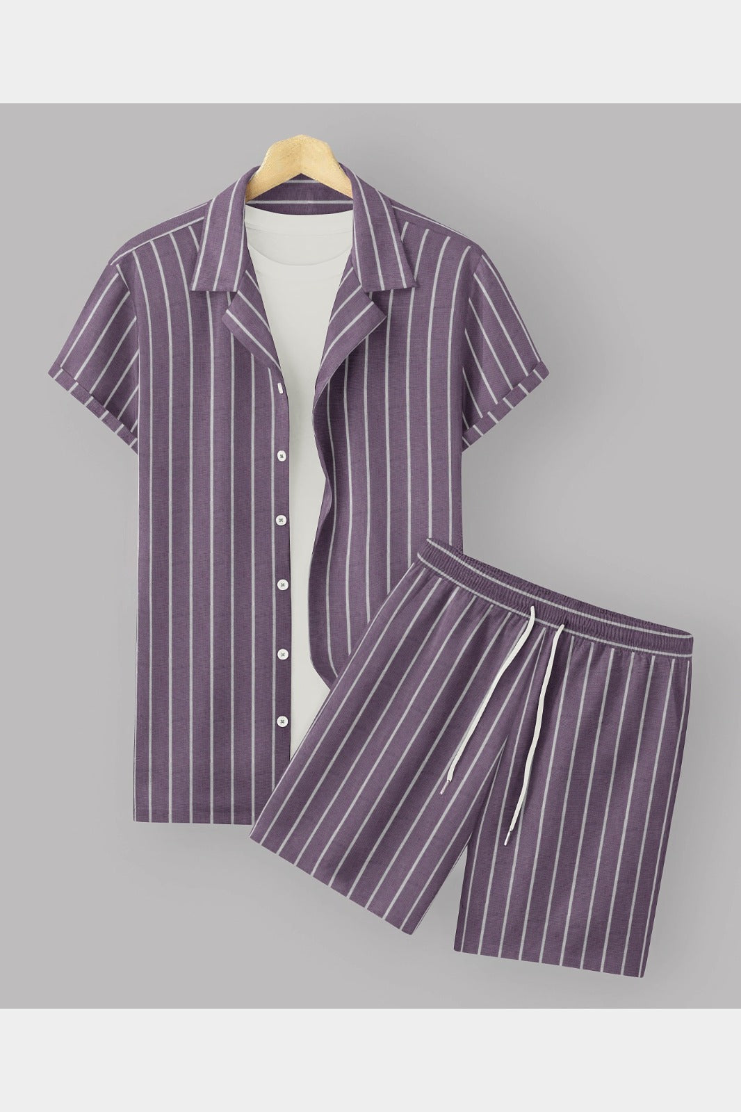 Purple Colour Men's Cotton Shirt And Shorts Set Short Sleeve Dropshipera