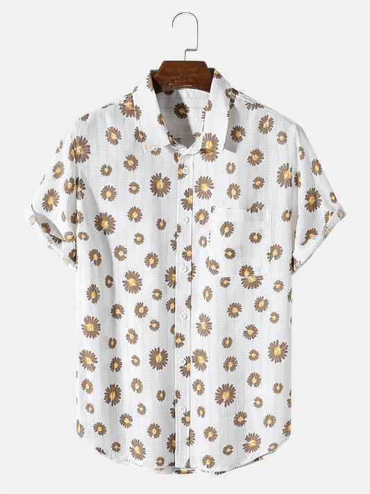 Men's Casual Wear Coffee Flower Printed Cotton Shirt Dropshipera