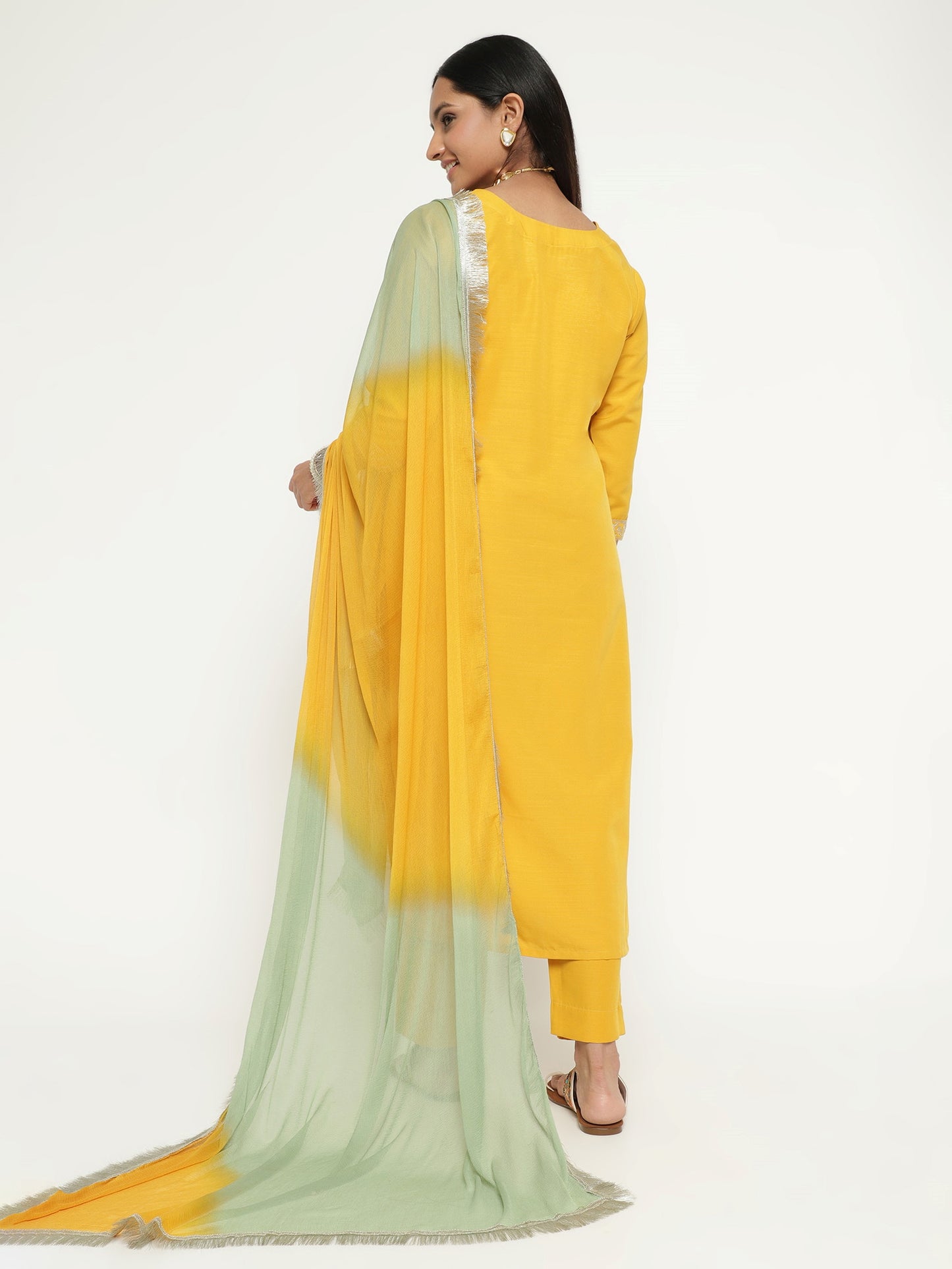 Yellow Colour Blend Silk Embroidery Work Party Wear Kurta Pant Dupatta Set For Women's Dropshipera