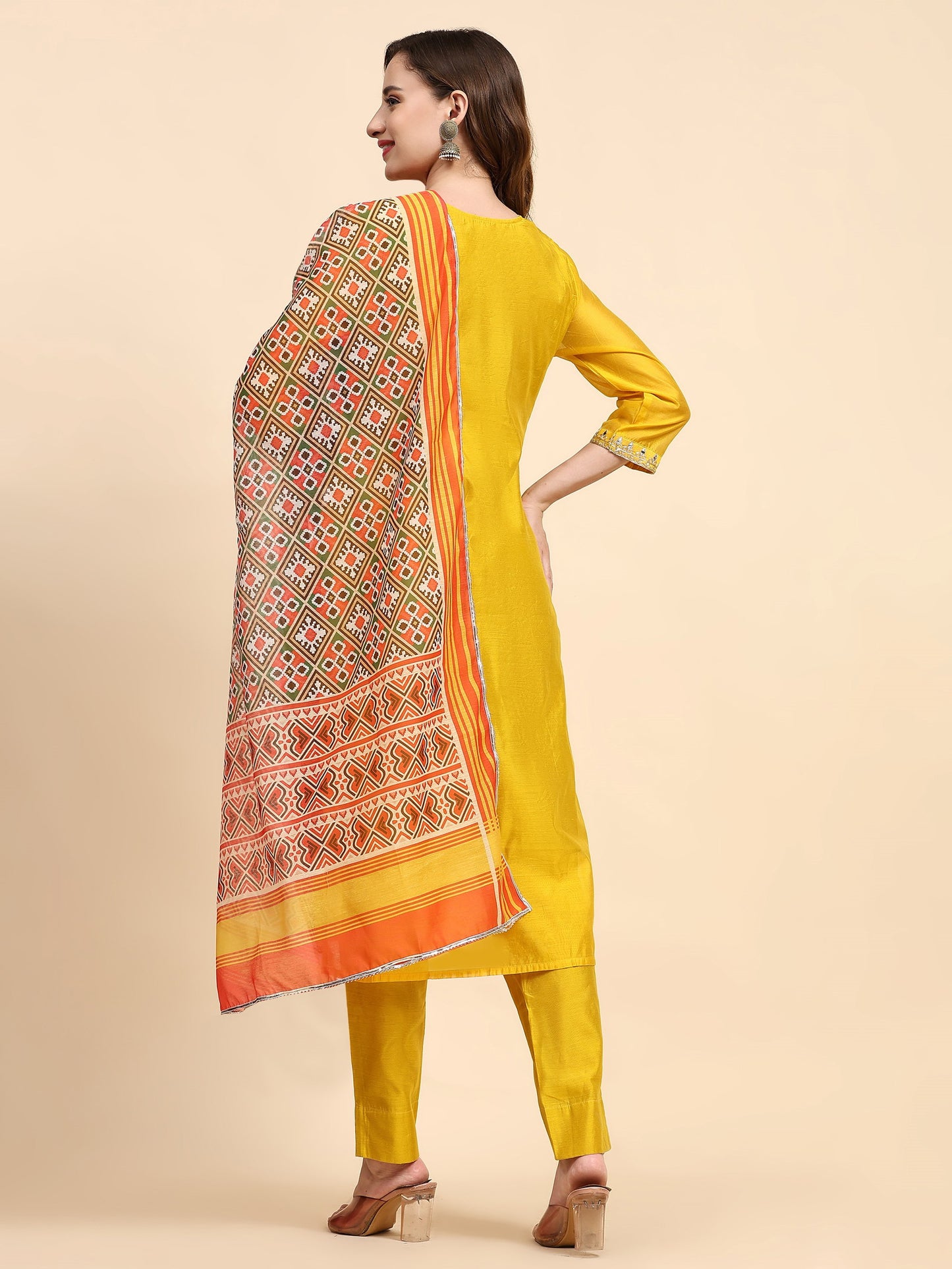 Yellow Colour Blend Silk Embroidery Work Party Wear Kurta Pant Dupatta Set For Women's Dropshipera