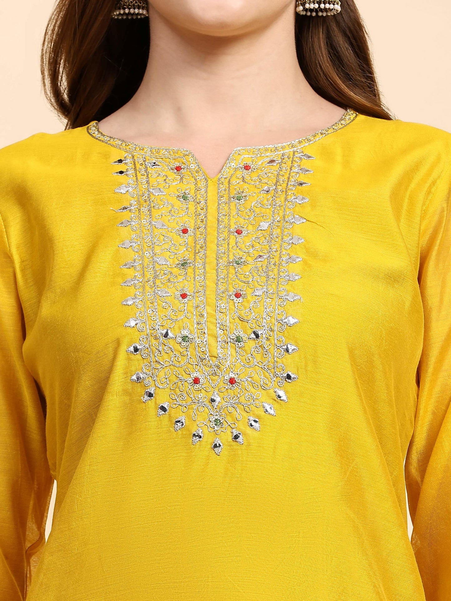 Yellow Colour Blend Silk Embroidery Work Party Wear Kurta Pant Dupatta Set For Women's Dropshipera