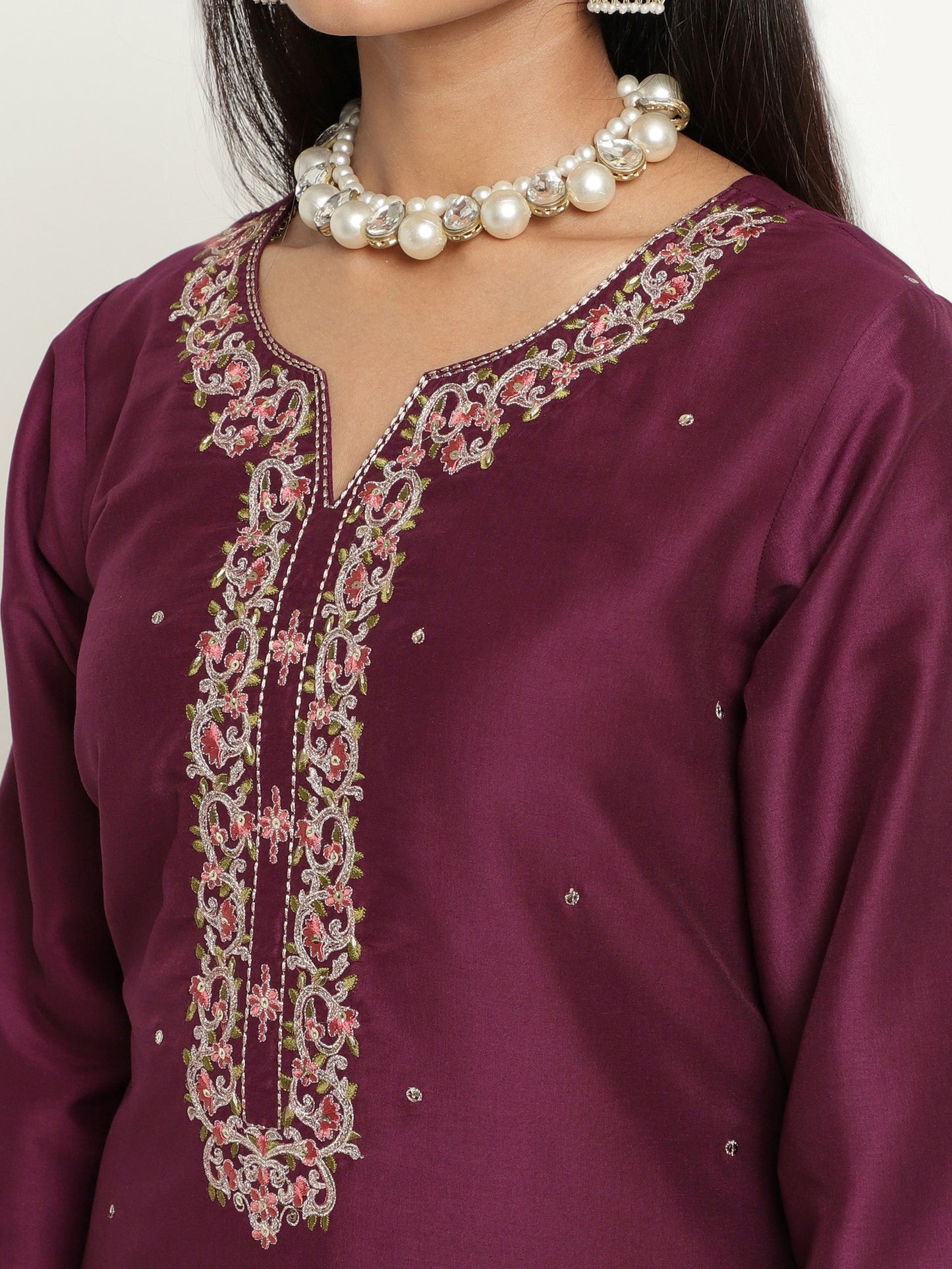 Wine Colour Blend Silk Embroidery Work Party Wear Kurta Pant Dupatta Set For Women's Dropshipera