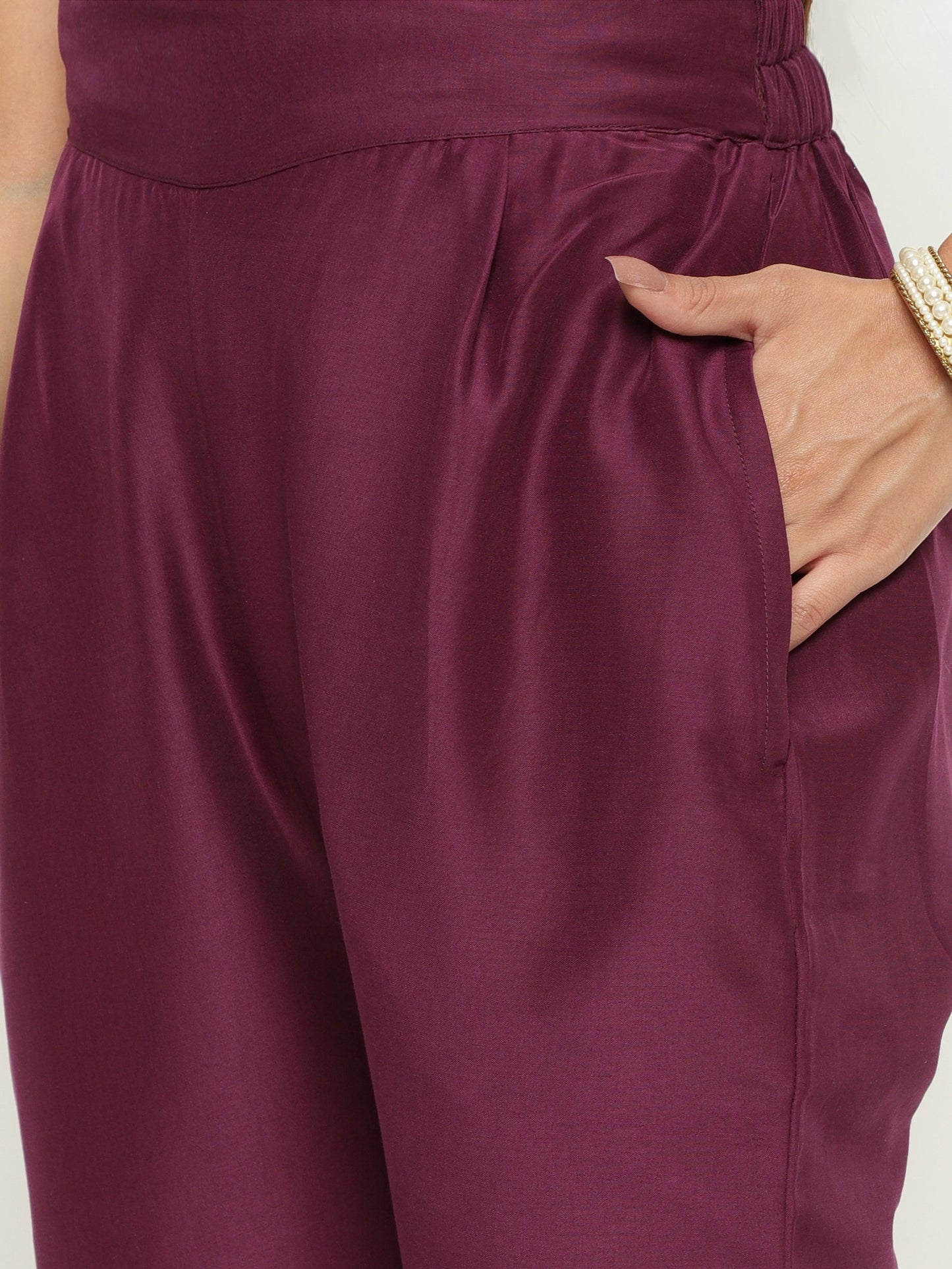 Wine Colour Blend Silk Embroidery Work Party Wear Kurta Pant Dupatta Set For Women's Dropshipera