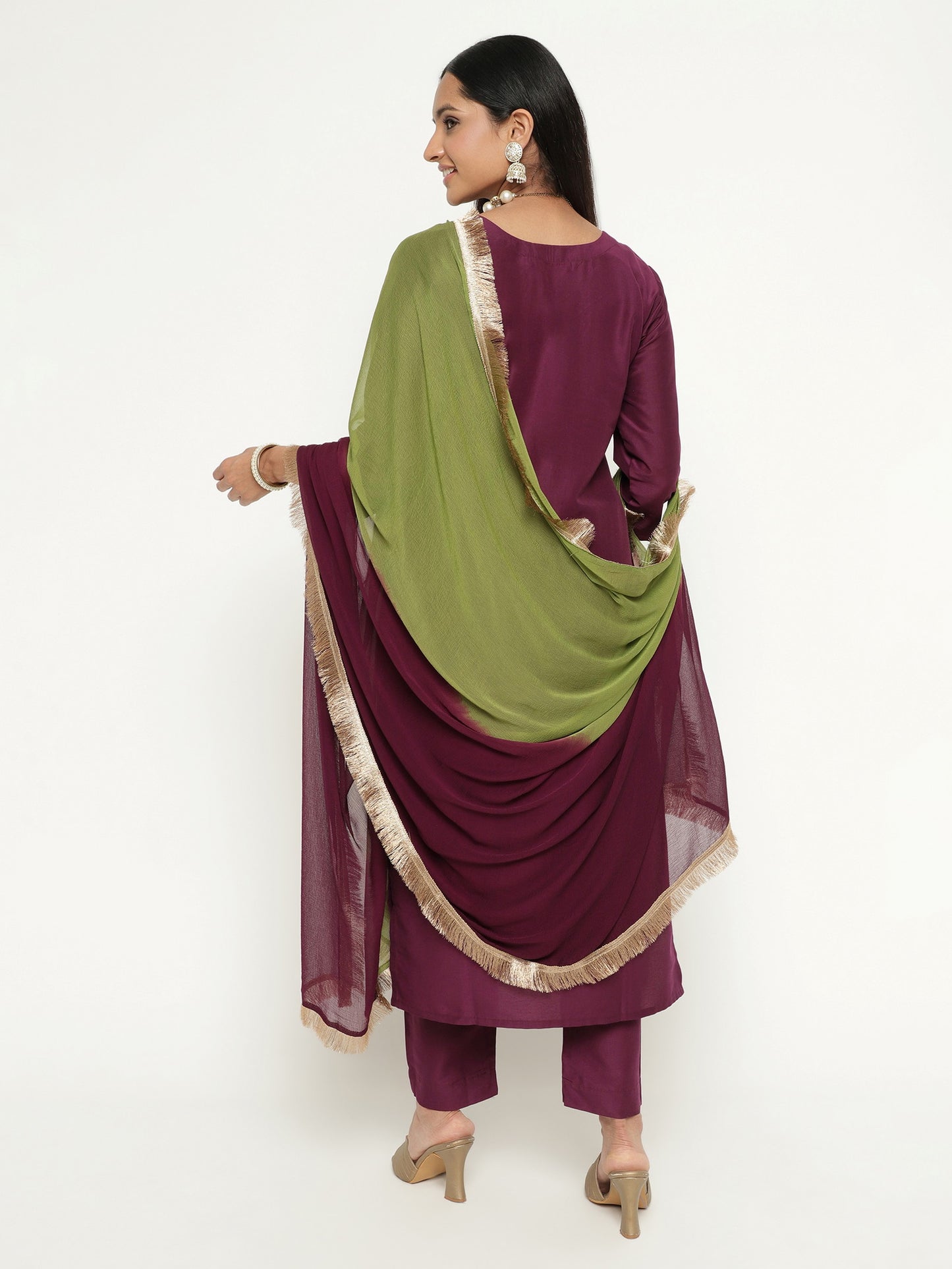 Wine Colour Blend Silk Embroidery Work Party Wear Kurta Pant Dupatta Set For Women's Dropshipera