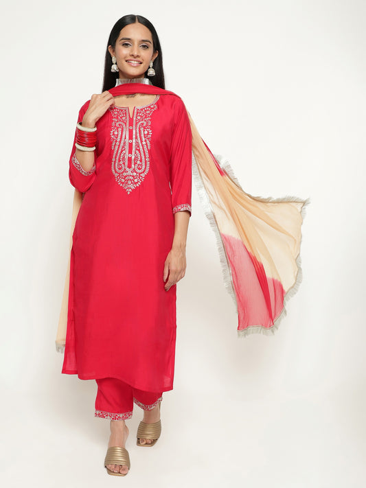 Pink Colour Blend Silk Embroidery Work Party Wear Kurta Pant Dupatta Set For Women's Dropshipera