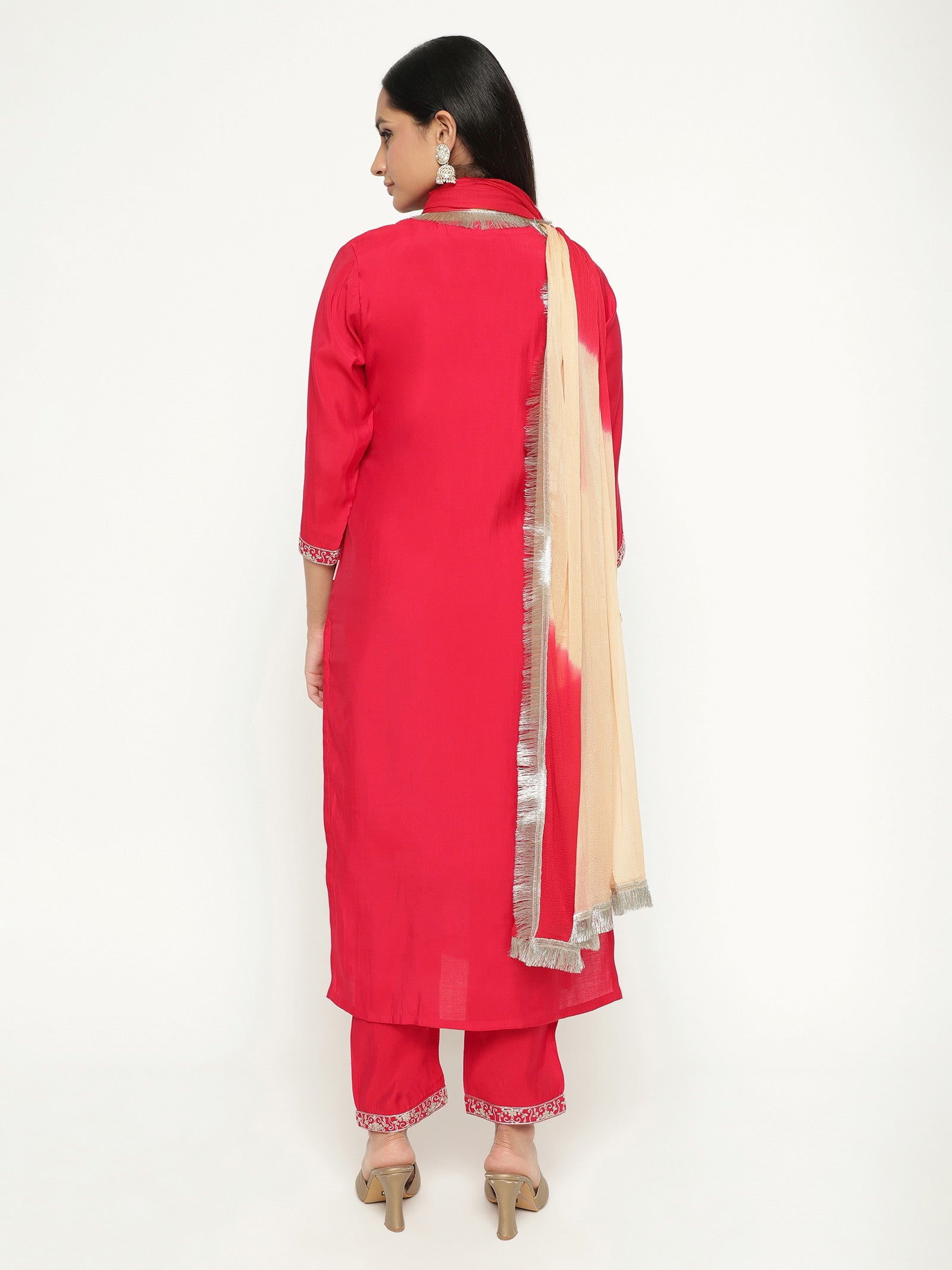 Pink Colour Blend Silk Embroidery Work Party Wear Kurta Pant Dupatta Set For Women's Dropshipera