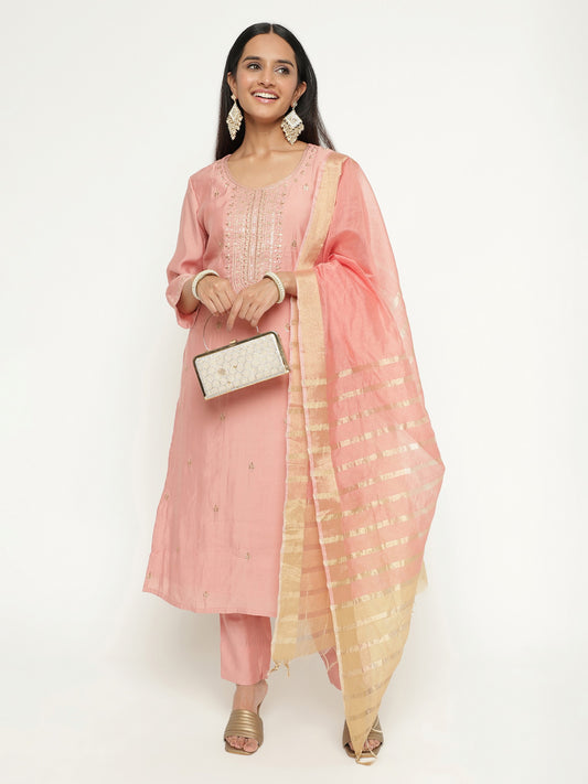 Pink Colour Blend Silk Embroidery Work Party Wear Kurta Pant Dupatta Set For Women's Dropshipera