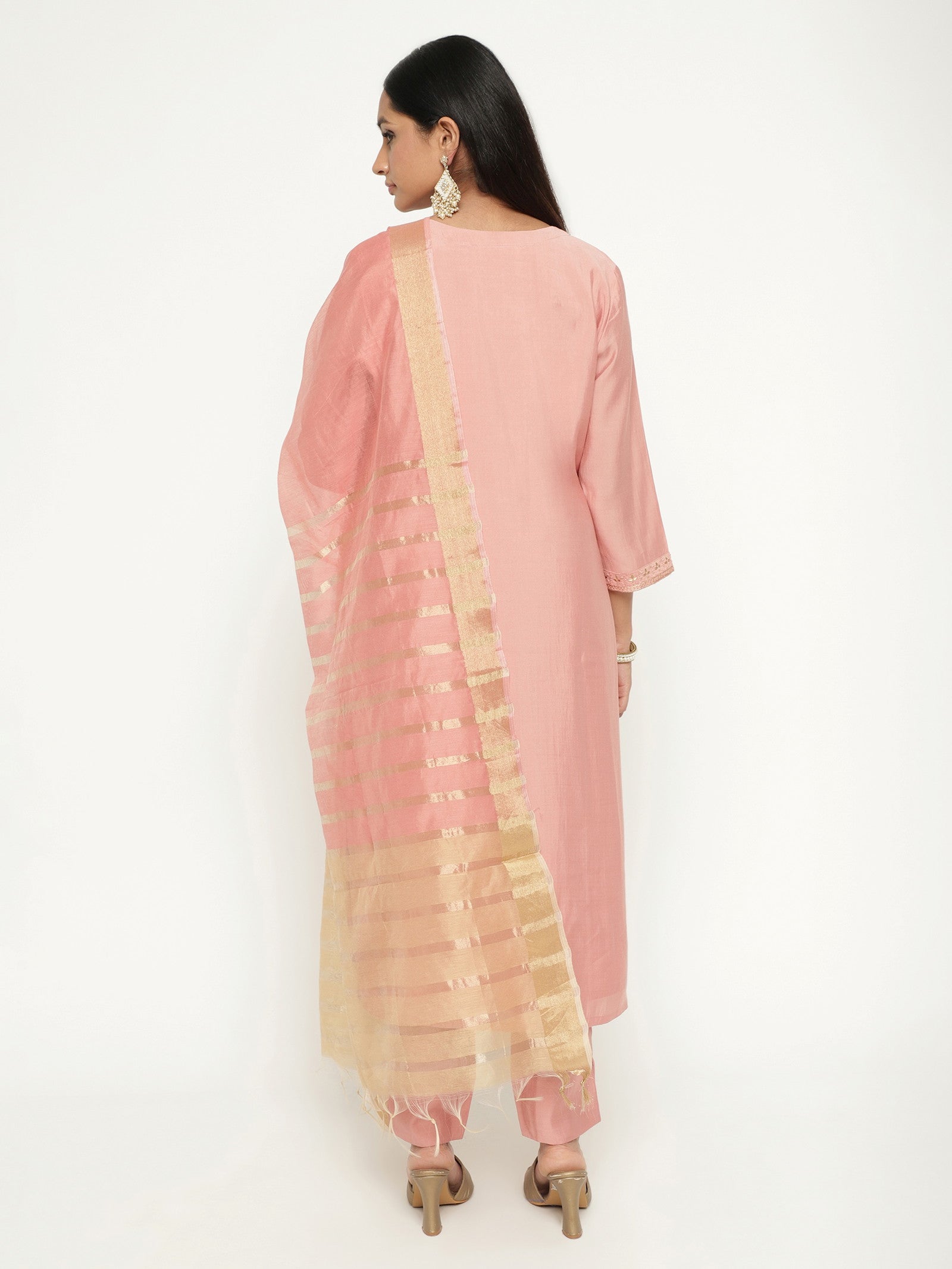 Pink Colour Blend Silk Embroidery Work Party Wear Kurta Pant Dupatta Set For Women's Dropshipera