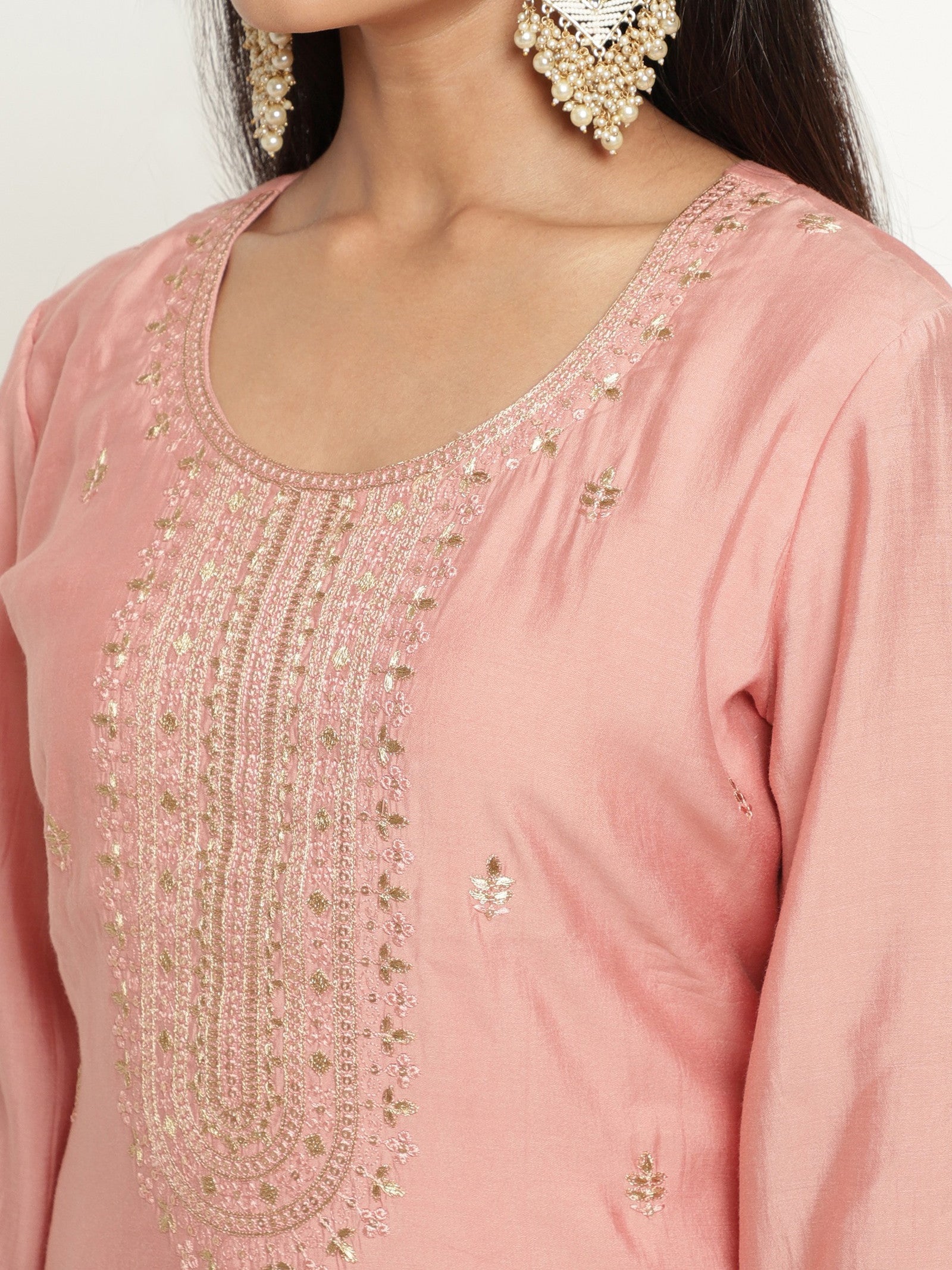 Pink Colour Blend Silk Embroidery Work Party Wear Kurta Pant Dupatta Set For Women's Dropshipera
