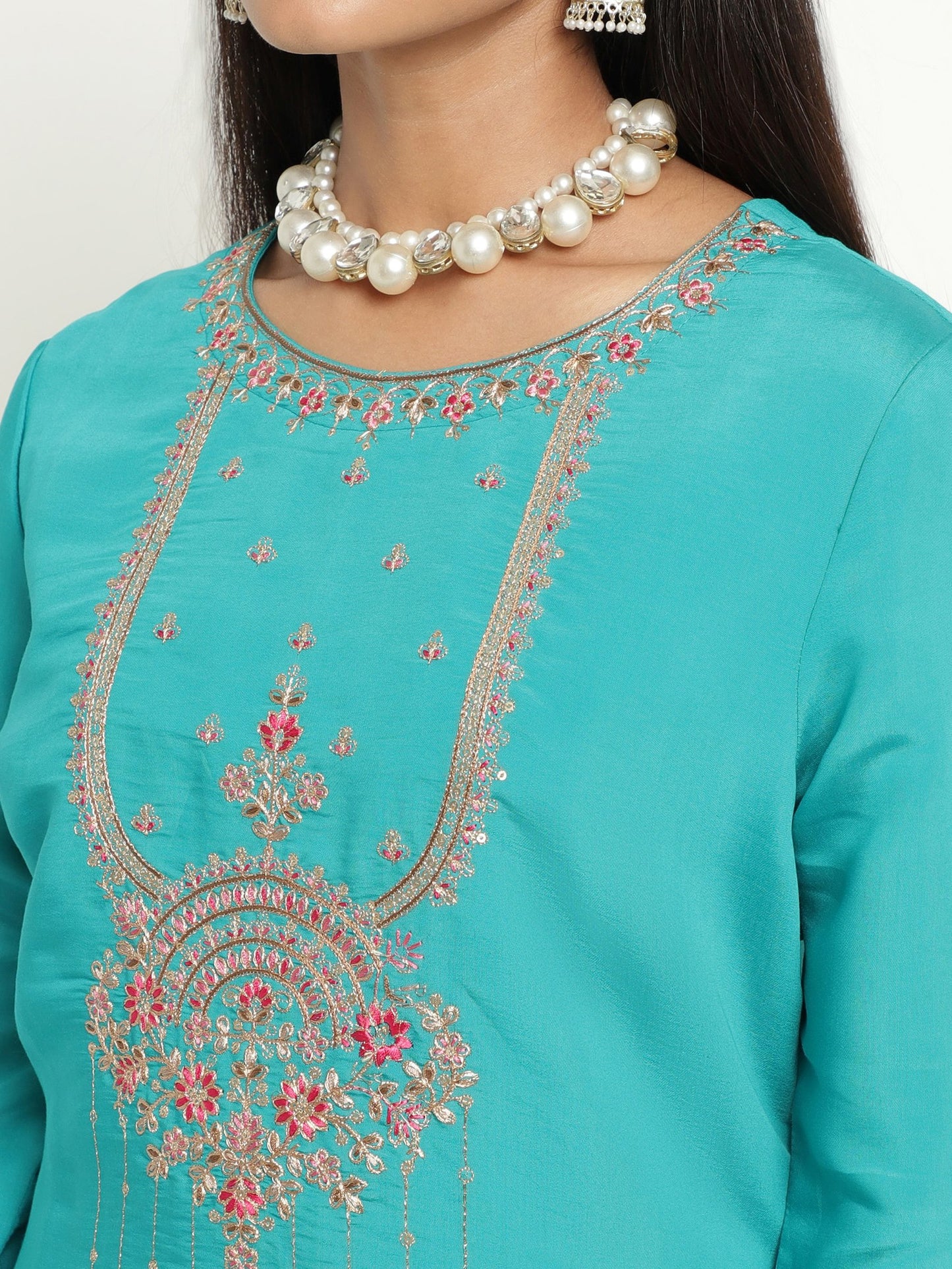 Aqua Colour Blend Silk Embroidery Work Party Wear Kurta Pant Dupatta Set For Women's Dropshipera