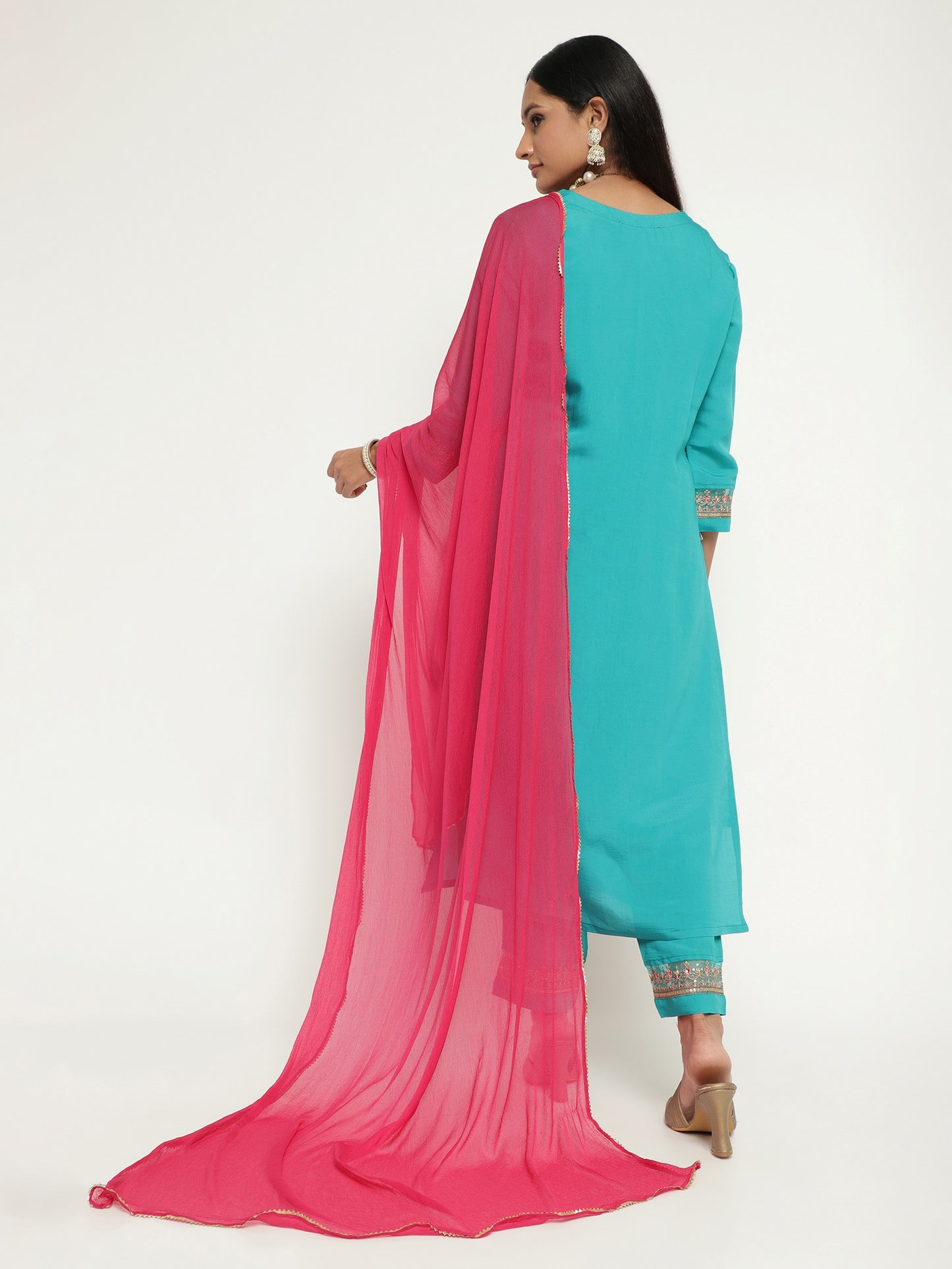 Aqua Colour Blend Silk Embroidery Work Party Wear Kurta Pant Dupatta Set For Women's Dropshipera