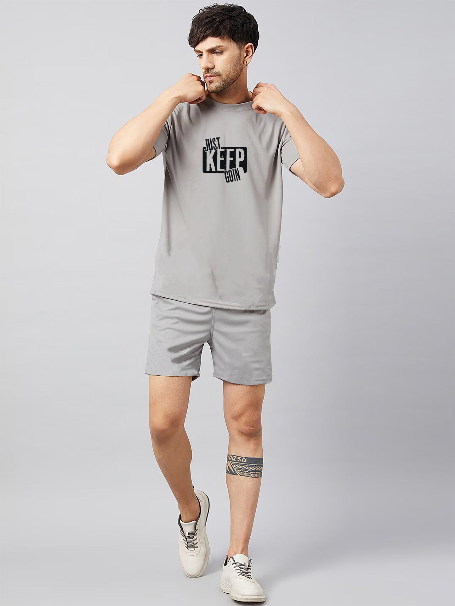 Grey Plain T Shirt Half Sleeve And Shorts With Pocket Dropshipera