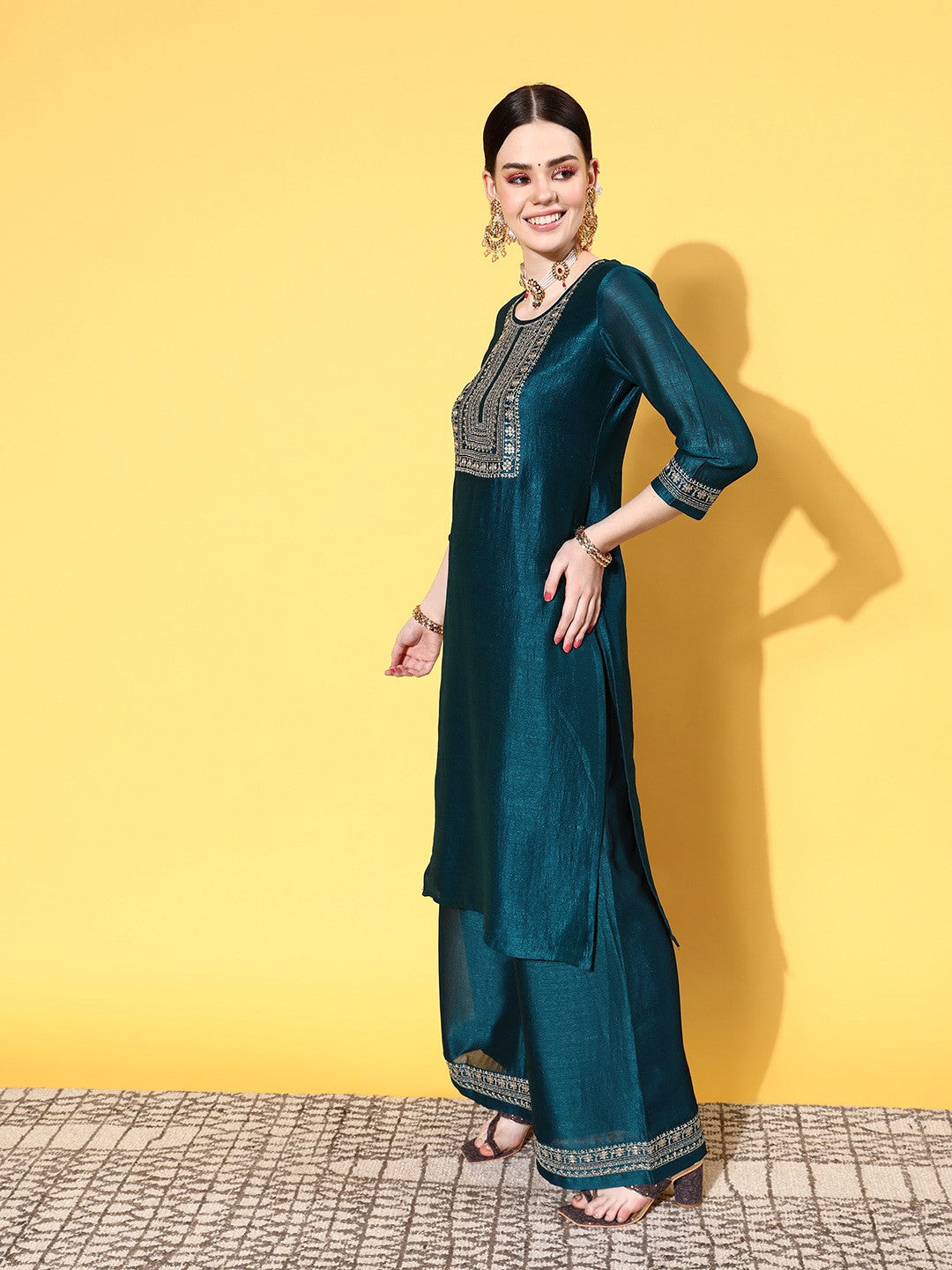 Pestal Green Party Wear Embroidery Worked Kurta With Pant And Duppata Set Dropshipera