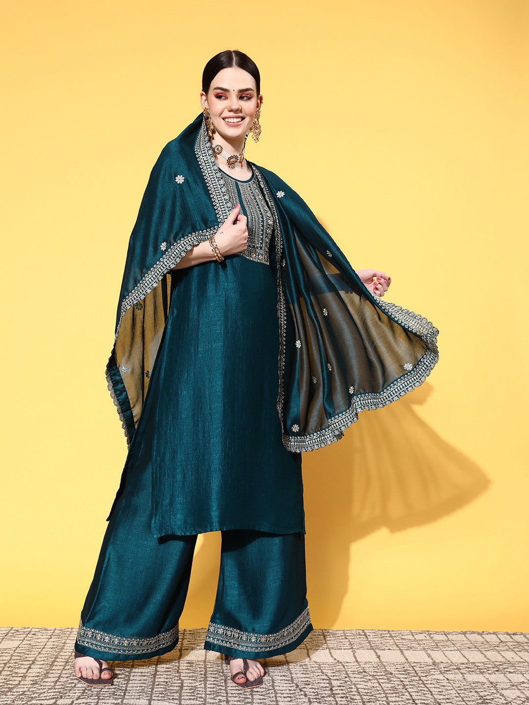Pestal Green Party Wear Embroidery Worked Kurta With Pant And Duppata Set Dropshipera