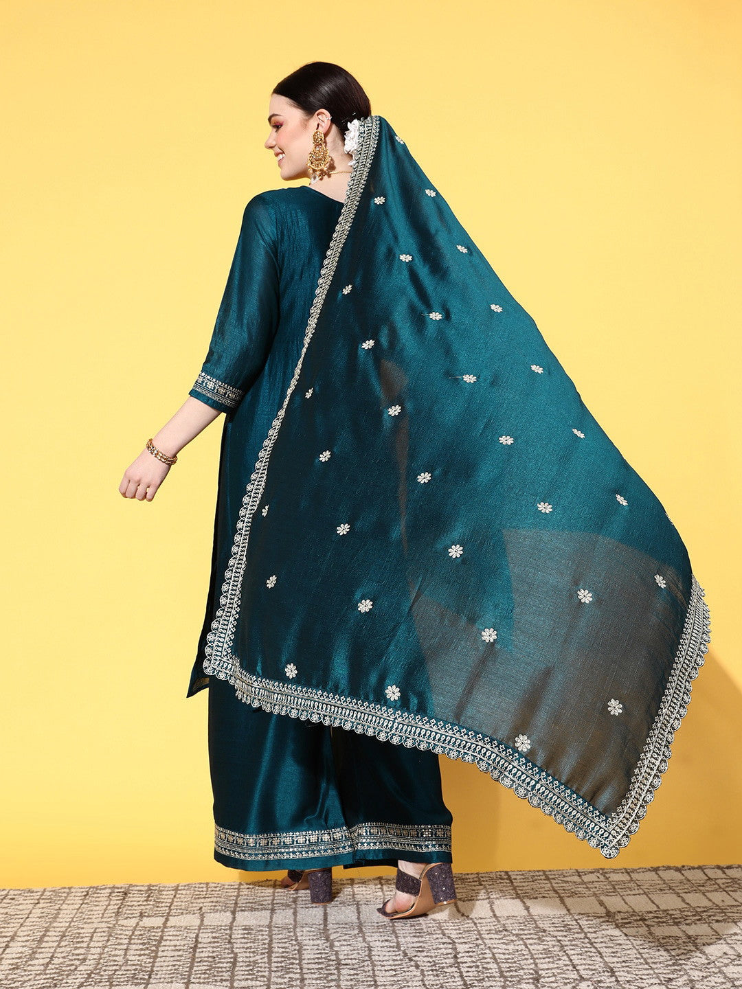 Pestal Green Party Wear Embroidery Worked Kurta With Pant And Duppata Set Dropshipera
