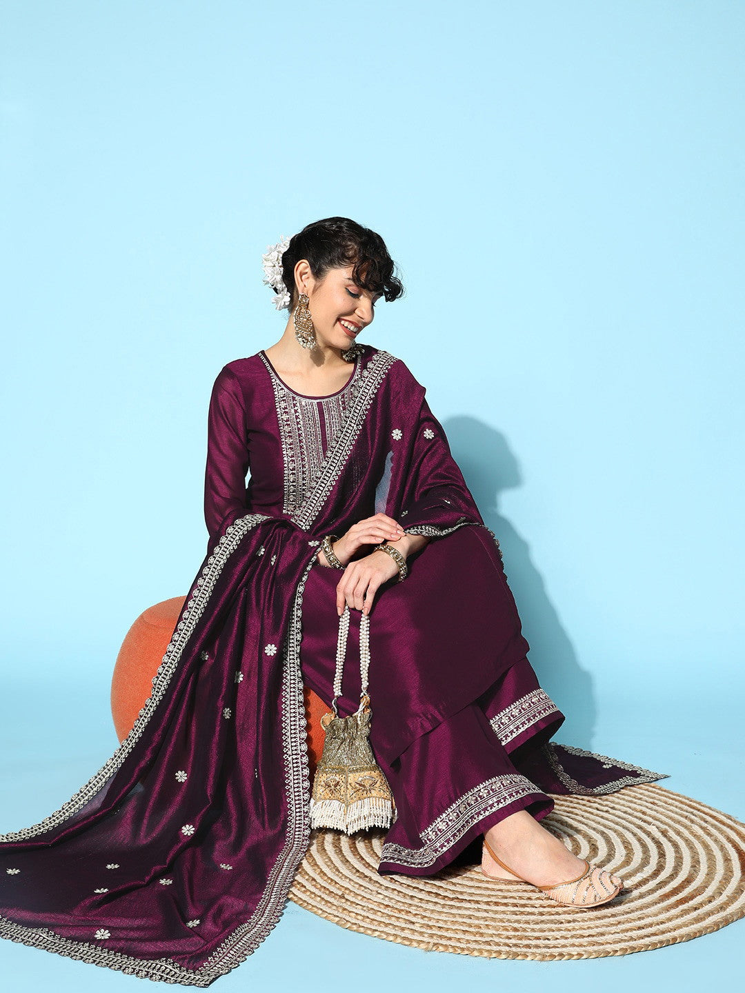 Purple Party Wear Embroidery Worked Kurta With Pant And Duppata Set Dropshipera