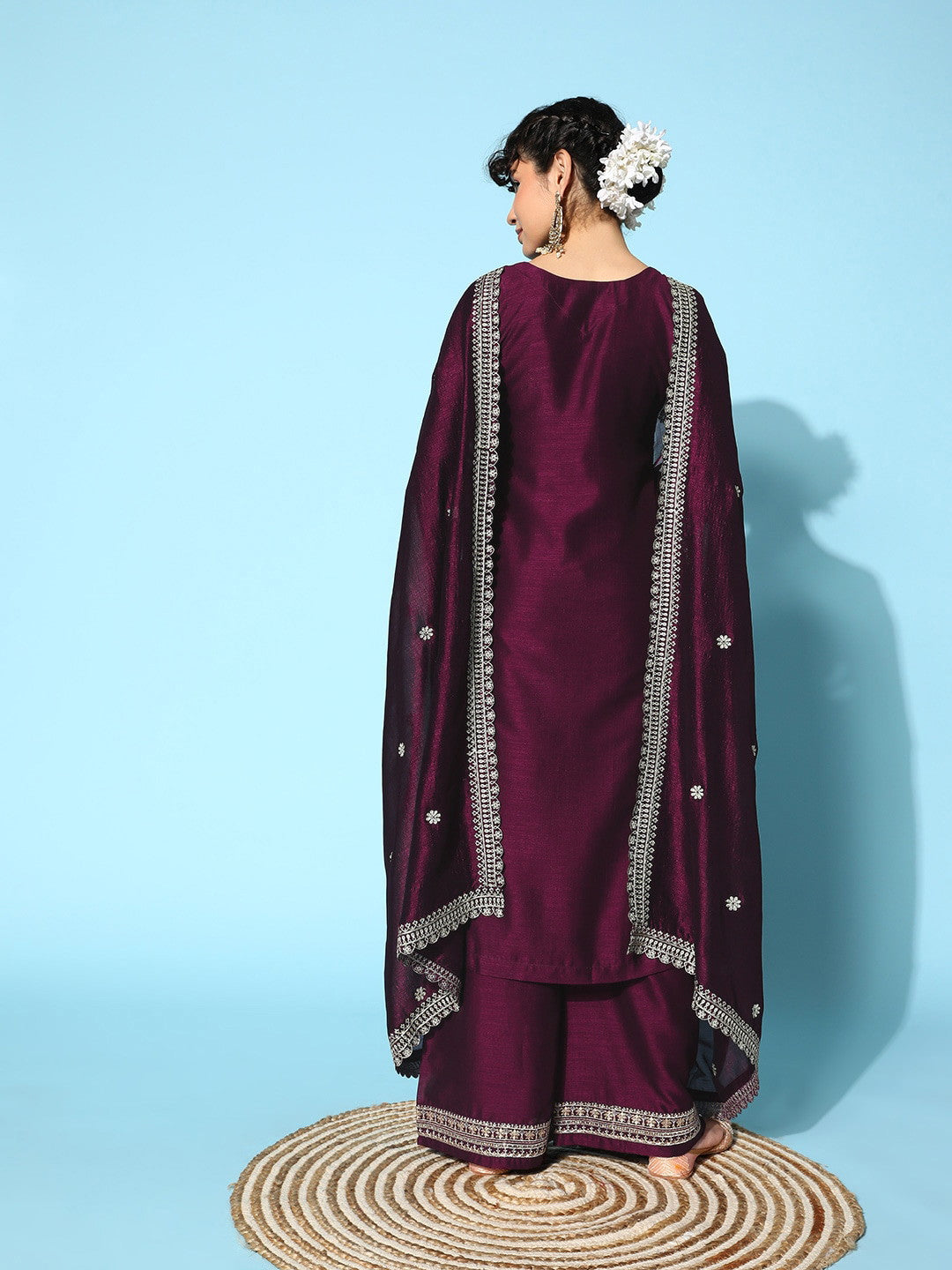 Purple Party Wear Embroidery Worked Kurta With Pant And Duppata Set Dropshipera