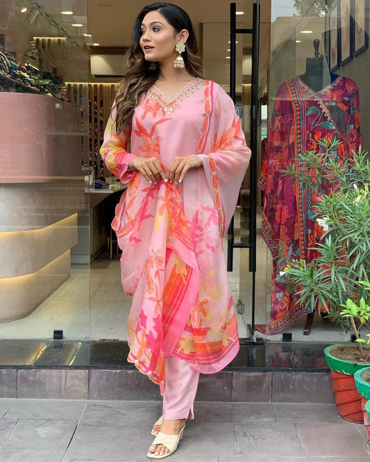 Pink Party Wear Embroidery Worked Kurta With Pant And Duppata Set Dropshipera