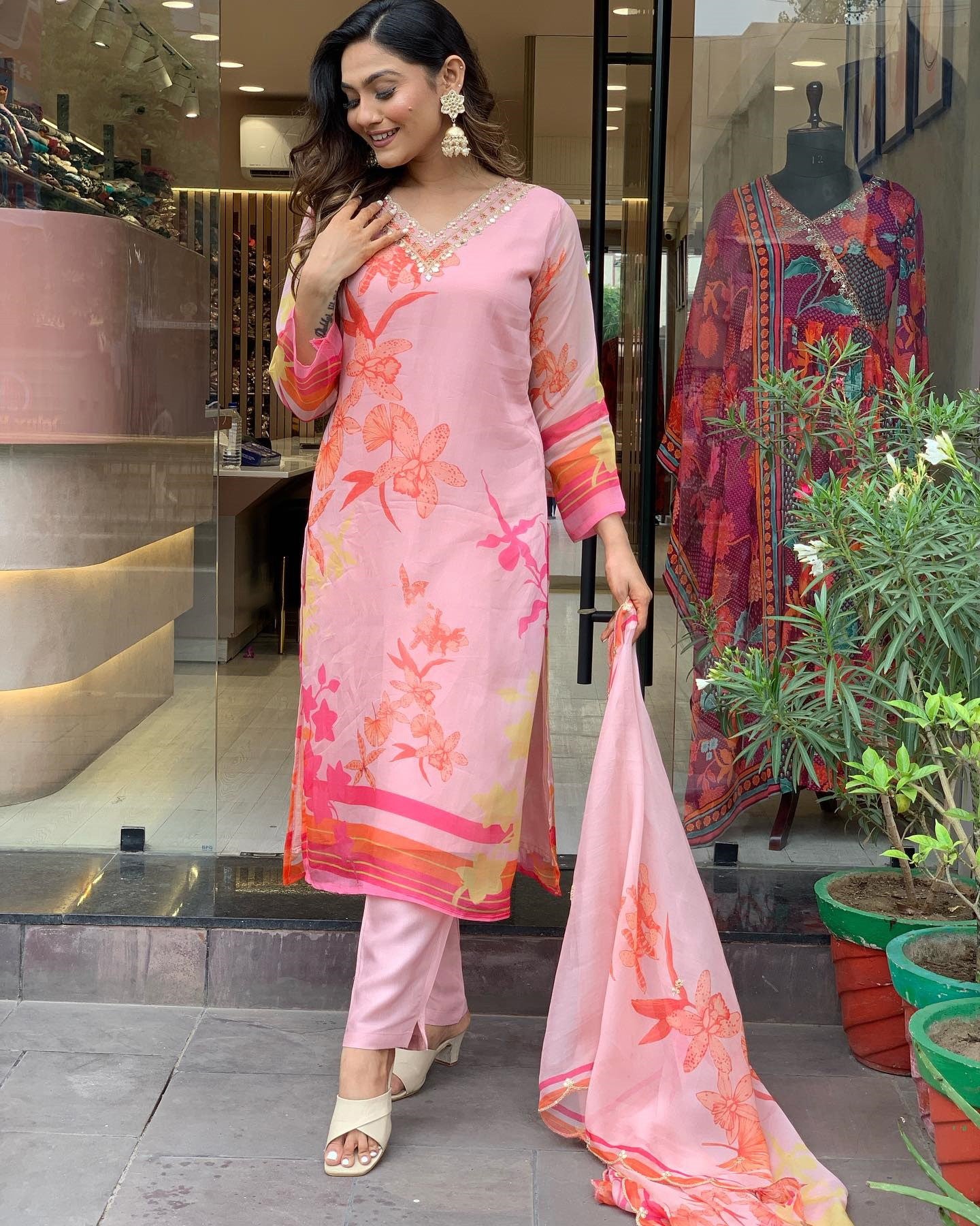 Pink Party Wear Embroidery Worked Kurta With Pant And Duppata Set Dropshipera