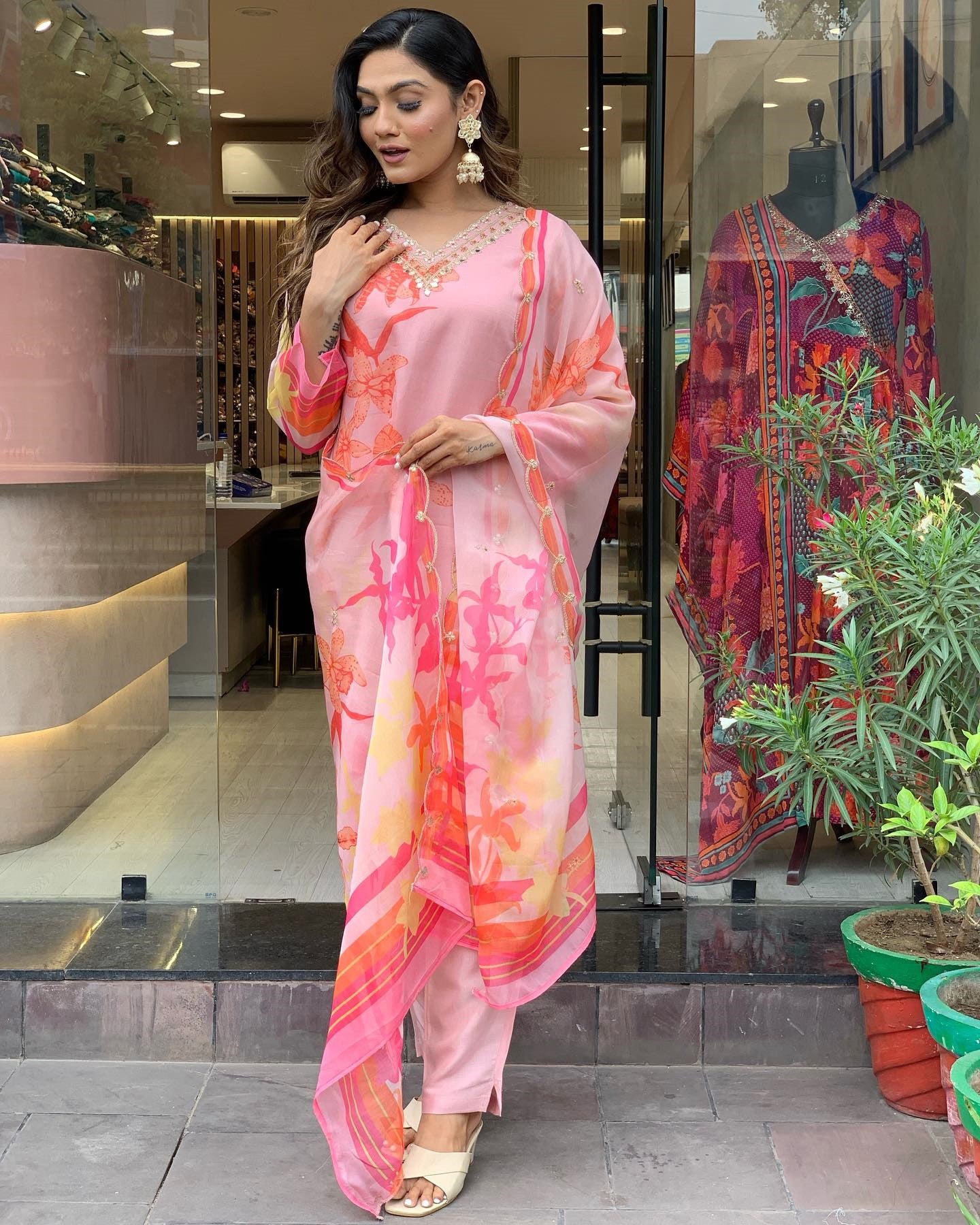 Pink Party Wear Embroidery Worked Kurta With Pant And Duppata Set Dropshipera